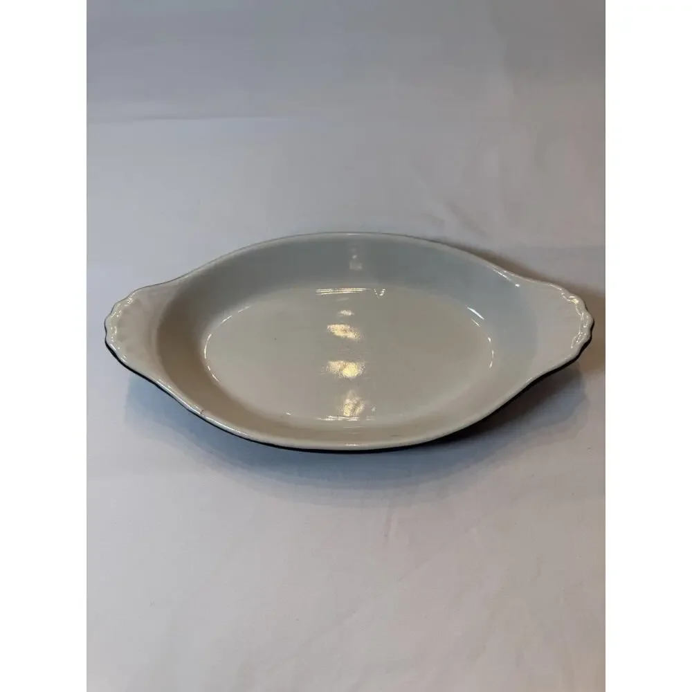 Shenango Ceramic Oval Baking Dish White Green Oven Safe 11x7in One-Piece